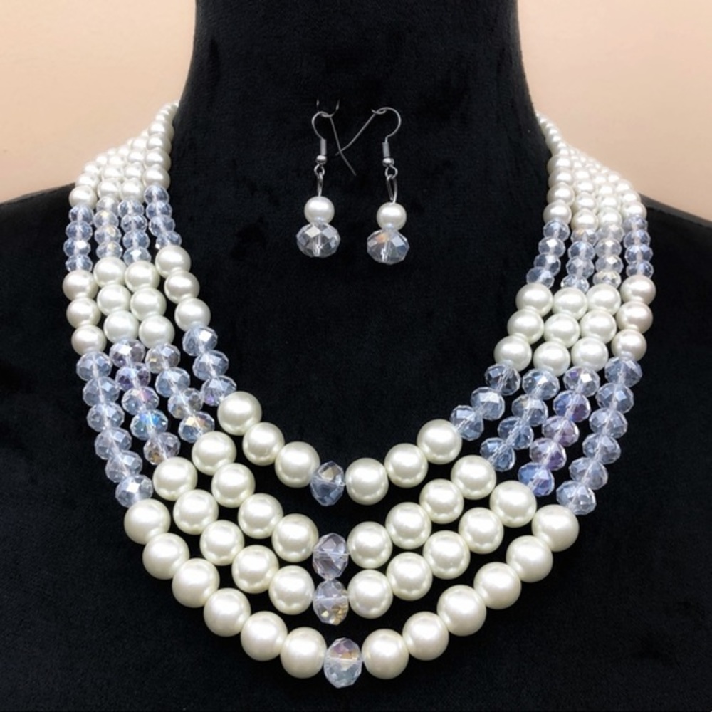 4 Row Layered Pearl & Glass Beaded Necklace & Earrings Set